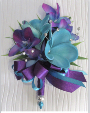 Purple & Turquoise Corsage, Orchids & Real Touch Plumerias